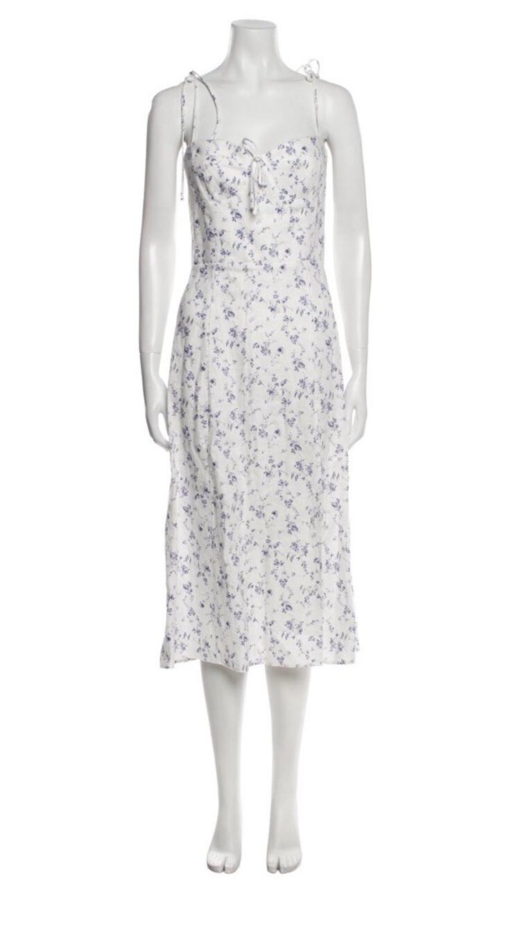 Reformation Dress Size 4 Joyce Linen Floral Print Blue White Tie Midi